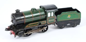 A Hornby a type 51 clockwork 0-4-0 locomotive No 50153: with six wheel tender in BR green livery.