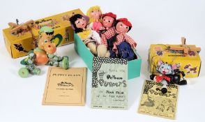 Pelham puppets: baby dragon, cat, both boxed, together with four other puppets and play books.