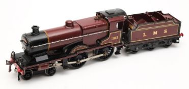 Hornby No 2 Special 4-4-0 clockwork locomotive No 1185 with six wheel tender: in LMS livery