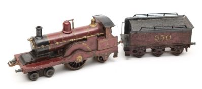 Bing a 3RE 4 volt 4-2-2 locomotive No 650 with six wheel tender matched tender: in LMS maroon