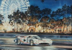 After John Evans - Le Mans at Night:- coloured print 59 x 83cm.