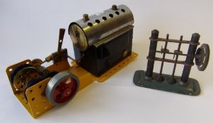 A Meccano horizontal live steam plant, on a baseplate: together with a German tinplate power hammer.