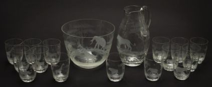 A suite of fifteen tumblers, water jug and bowl by Moser glass for Rowland Ward, London:,