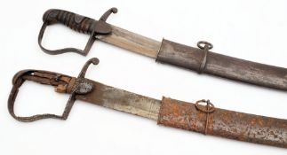 Two 1796 pattern Cavalry swords:, both in scabbards, one in poor condition.