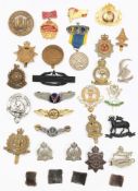A collection of military cap badges: including American, Russian and British.