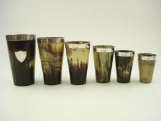 A set of six Victorian graduated silver mounted horn beakers, maker Atkin Brothers, Sheffield 1898:,