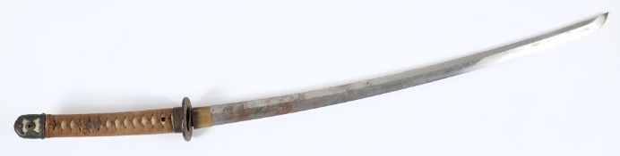 A Japanese World War II Officer's Katana: with 70cm blade with one mekugi-ana having a cast iron