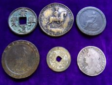 A James II silver halfcrown, 1685:, George III twopenny piece, A George III penny,