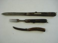 A 19th century folding knife by Taylor, together with a folding fork and one other knife:,