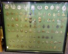 A collection of assorted army regimental cap badges: mounted in an ebonised display frame.