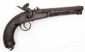 An 18th Century percussion cap pistol:, with 18cm octagonal barrel, stirrup ram-rod,