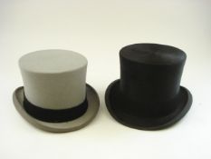 A black felt top hat by Herbert Johnson, London, together with a grey top hat by Moss Bros:,