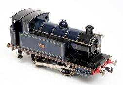 Bing for Bassett-Lowke, a gauge 1, 0-4-0 tank locomotive No 112: in blue livery with black lining.