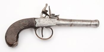 A 19th century boxlock flintlock pistol:, unsigned, three stage cannon barrel,