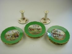 A pair of Spode pottery candlesticks with 'Full Cry transfer print decoration: 14.
