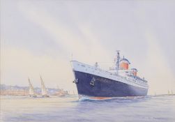 M.G. Pearson [20th Century]- SS United States off Cowes:- signed, watercolour 25 x 35cm.