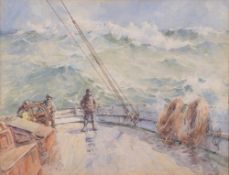 Arthur J T Briscoe [1873-1943]- Trawler men on deck in heavy seas:- two, both signed and dated A.