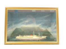 A cased waterline diorama of the liner 'Pendennis Castle':, red and black funnel over decks,