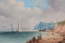 British School- A lighthouse and harbour on the Continent:- oil on board 20 x 30cm.