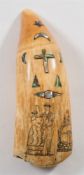 A 19th century scrimshaw tooth with mother of pearl inlay:,