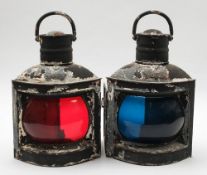 A pair of over painted and galvanized ship's lamps:, with plaques for 'Port' and 'Starboard',