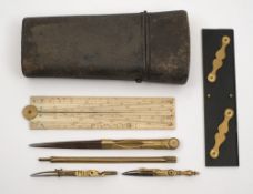 A 19th century part geometry set in fish skin case:, including an ivory folding rule by T Blunt,