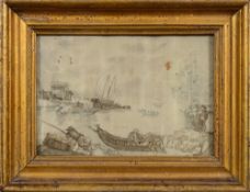 A 19th century silk and child's hairwork seascape of shipping in a harbour:,