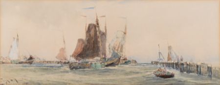 * Frank Henry Mason [1876-1965]- Barges and other local shipping in a harbour:- signed,