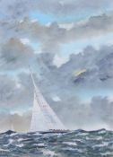 Hugh Hunt [20th Century]- Racing yacht:- signed watercolour heightened with white 36 x 25.5cm.