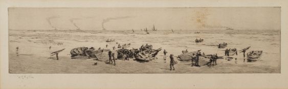 William Lionel Wyllie (1851-1931) 'Landing at low tide': monochrome engraving,