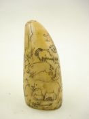 A late 19th century scrimshaw decorated tooth:, incised with pugilists surrounded by dogs, pigs,