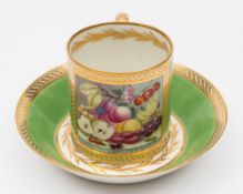 A Derby coffee can and saucer: finely painted in the manner of John Brewer with a panel of cut and