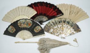 A late Victorian ivory parasol, with lace canopy: with hinged handle, 67cm.