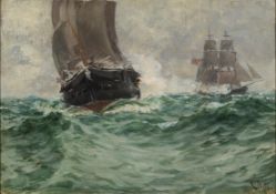 Charles Napier Hemy [1841-1917]- Ten Gun Brig Liberty off Plymouth at Gun Practice:- signed with