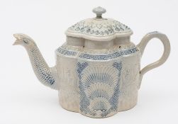 A Staffordshire saltglazed stoneware teapot and cover: of quatrefoil form with serpent spout,