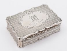 A Victorian silver snuff box, maker Aston & Sons, Birmingham, 1860: initialled and inscribed,