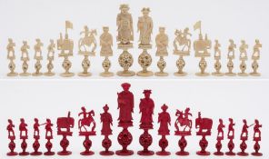 A Cantonese carved ivory Mandarin pattern chess set: one side stained red, the other left natural,