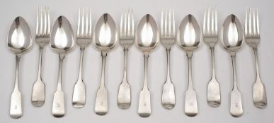 A set of six Victorian provincial silver fiddle pattern dessert forks, maker John Langdon, Exeter,