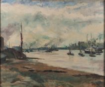* Ronald Ossory Dunlop [1894-1973]- Thames River Scene:- signed bottom right oil on canvas 62 x