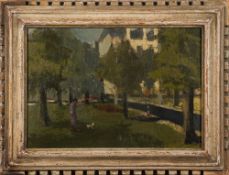 * Herbert James Gunn [1893-1964] - Figure and dog in a suburban park:- signed bottom left oil on