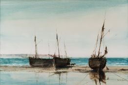 * Anthony Amos [1950-2010]- Trawlers at low tide:- signed bottom right oil on plastic board 54 x