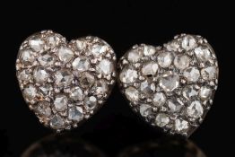 A pair of rose diamond mounted heart-shaped cluster earrings: pave-set throughout with rose-cut
