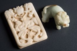 A Chinese white hardstone rectangular plaque and a similar carving of a recumbent lion: the plaque