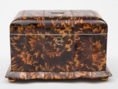 A 19th century blonde tortoiseshell tea caddy: of rectangular outline with double inverted