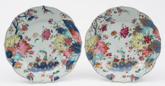 A pair of Chinese Export 'Tobacco Leaf' plates: with shaped rims,