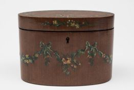 A 19th century oval mahogany tea caddy: the hinged lid and sides decorated with painted floral