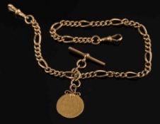 An 18ct gold curb-link watch chain with attached T-bar and George III spade guinea:,