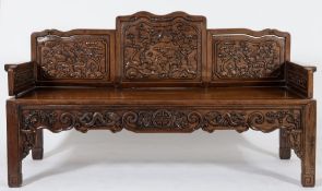 A Chinese carved Hua Li wood rectangular settle:,