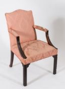A Georgian mahogany frame open armchair:, of Gainsborough type, having a serpentine stuff over back,