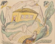 * Doris Brabham Hatt [1890-1969]- Fisherman and pet dog by a stream:- pen,